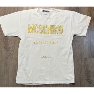 Moschino Couture Milano Mens T-Shirt White Gold Stitched Logo Crew size‎ XXS